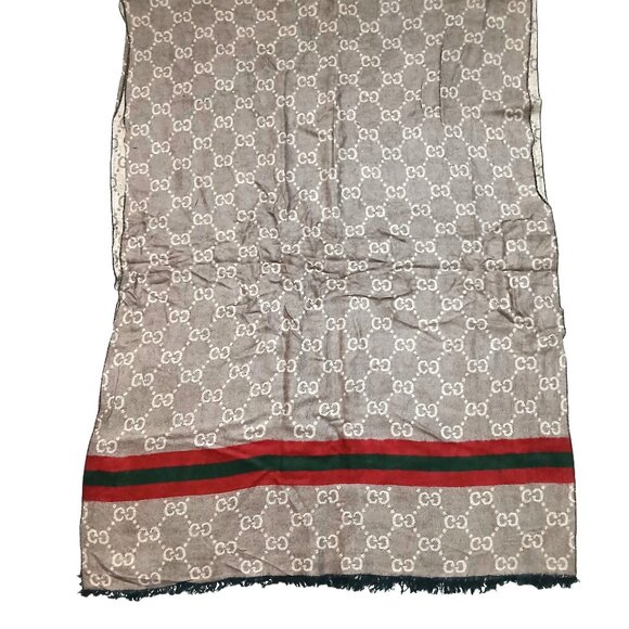 GUCCI Beige Monogram GG Logo Print w/ Green Red Stripe Cashmere Silk Shawl Scarf - Picture 3 of 9